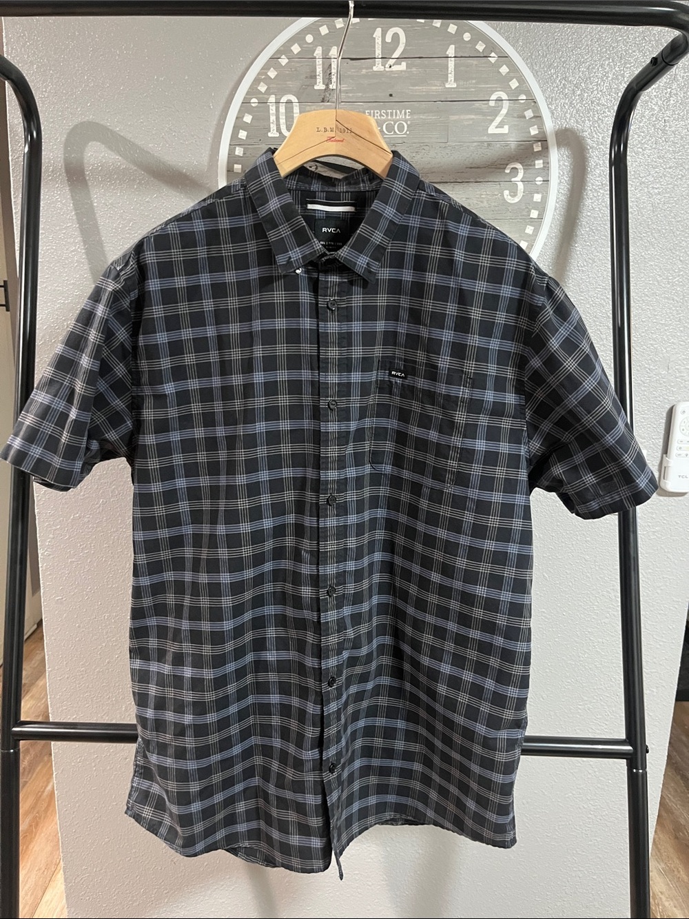RVCA Black and Blue Plaid Short-Sleeve Button-Down Shirt